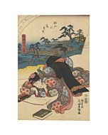 toyokuni III utagawa, beauty Writing a Letter at Shioiri, sumida river, kimono design