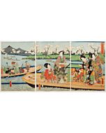 japanese art, japanese antique, woodblock print, ukiyo-e, Toyokuni III Utagawa, Genji Having a Spring Feast on Boat