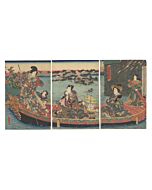Toyokuni III Utagawa, Green Tea, Boat, Beauties, Landscape, Edo, Original Japanese woodblock print