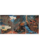 japanese art, japanese antique, woodblock print, ukiyo-e, Yoshitora Utagawa, Kumai Taro Joins to Yoshitsune Squad at Hiyodorigoe