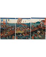 japanese art, japanese antique, woodblock print, ukiyo-e, Kuniyoshi Utagawa, Yuminagashi Yoshitsune Picking up His Bow in the Water