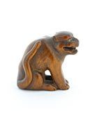 Wooden Netsuke, Growling Dog, Carving, Animal, Figurine, Glass Eye, Original Japanese antique