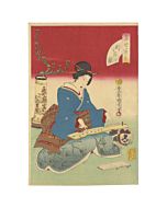 Kunichika Toyohara, koto, japanese music, japanese woodblock print, kimono, ikebana