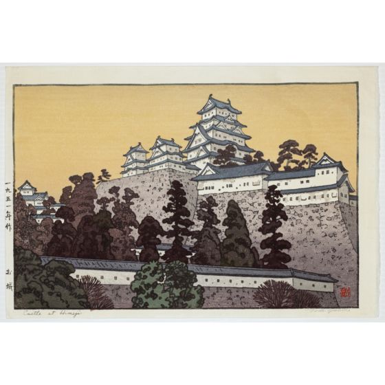 toshi yoshida, castle at himeji, white heron, landscape, shin hanga, modern print