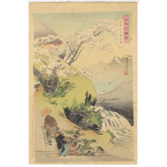 japanese art, japanese antique, woodblock print, ukiyo-e, Gekko Ogata (1859-1920)
Title: Jindai-zakura, Mt. Togakushi 