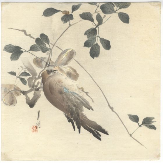 japanese art, japanese antique, woodblock print, ukiyo-e, Gekko Ogata, Jay and Chocolate Vine