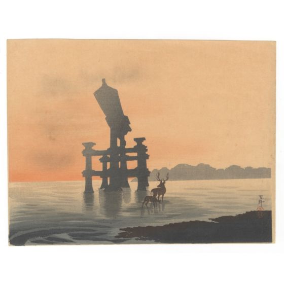 Evening of Miyajima, Koson Ohara, chuban, landscape, animals, japanese art, japanese antique, woodblock print, ukiyo-e