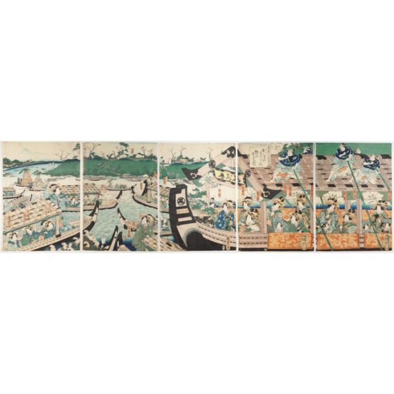 Kunisada II Utagawa, The New Yoshiwara in Temporary Quarters: Courtesans of the House of Owariya Hikotaro Viewing Cherry Blossoms, pentaptych, male and female, beauty, landscapes, japanese art, japanese antique, woodblock print, ukiyo-e