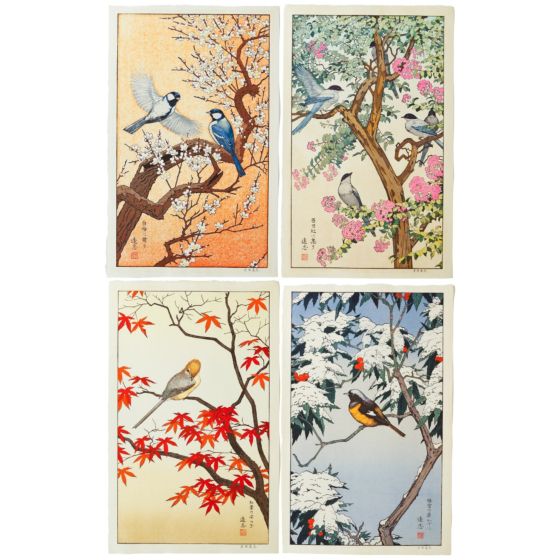 japanese art, japanese antique, woodblock print, ukiyo-e, Four Seasons of the Birds and Flowers; "Dancing with Plumblossoms" "Gathering on Crepe Myrtle" "Tranquility amongst Autumn Leaves" "Under the Nandina Leaves with Snow", Toshi Yoshida