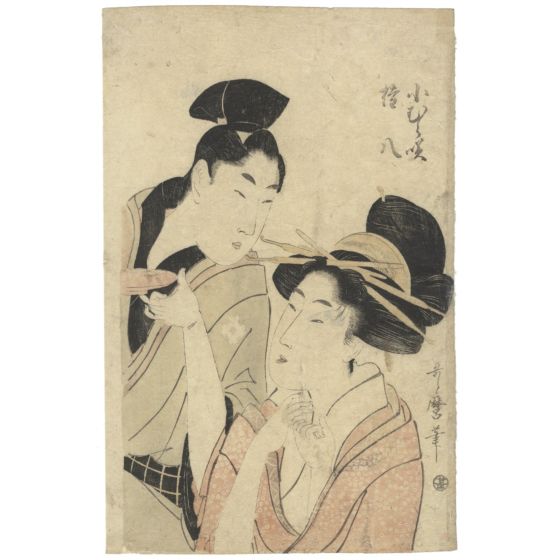 japanese woodblock print, japanese antique, ukiyo-e, couple, utamaro