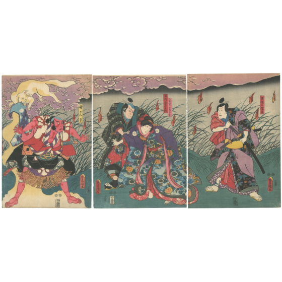 Toyokuni III Utagawa, White Fox Woman, Spirits, Triptych, Yokai, Kabuki Play, Warrior, Beauty, Original Japanese woodblock print