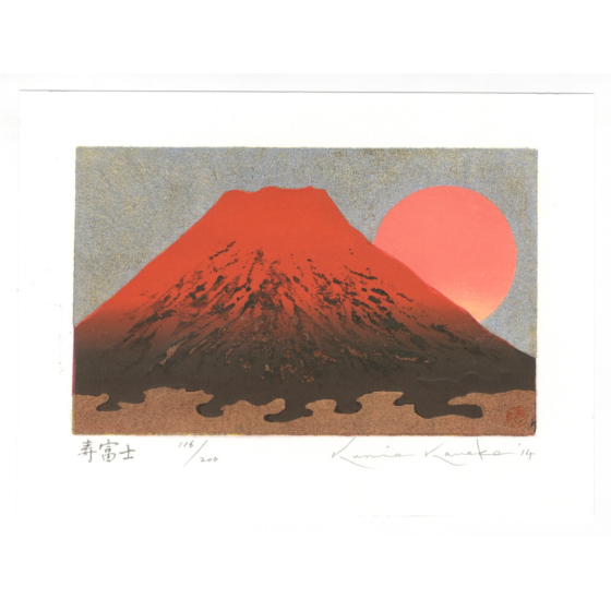 japanese art, japanese antique, woodblock print, ukiyo-e, Kunio Kaneko, Kotobuki Fuji, Gold, Contemporary 