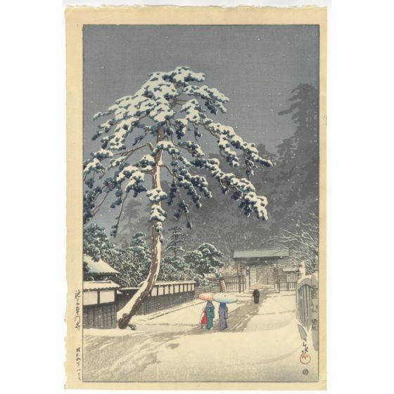 hasui kawase, Honmonji Temple in Snow, shin-hanga landscape, winter in japan, snow scene