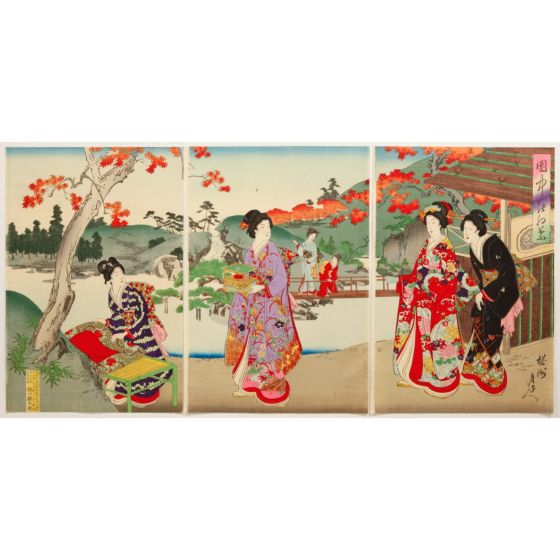japanese art, japanese antique, woodblock print, ukiyo-e, Chikanobu Yoshu, Momiji Viewing in a Park
