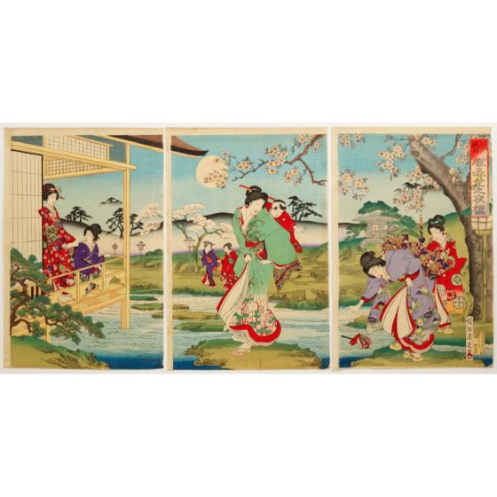 japanese art, japanese antique, woodblock print, ukiyo-e, Chikanobu Yoshu, Night Cherryblossoms in the Hazy Moonlight