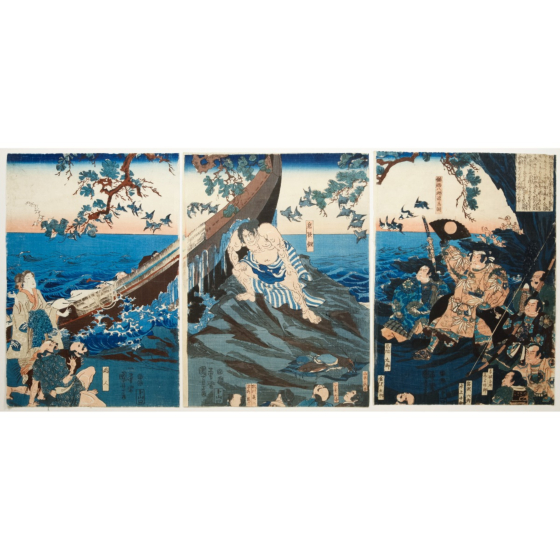 japanese art, japanese antique, woodblock print, ukiyo-e, Kuniyoshi Utagawa, Minamoto no Tametomo and Oniyasha the Demon