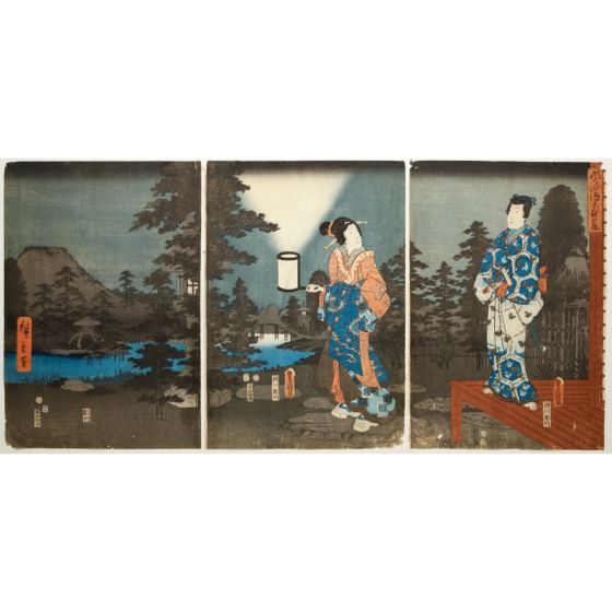 japanese art, japanese antique, woodblock print, ukiyo-e, Hiroshige I Utagawa, Genji in the Night Garden 
