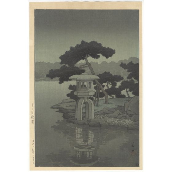 japanese art, japanese antique, woodblock print, ukiyo-e, Hasui Kawase, Kiyosumi Garden in the Moonlight