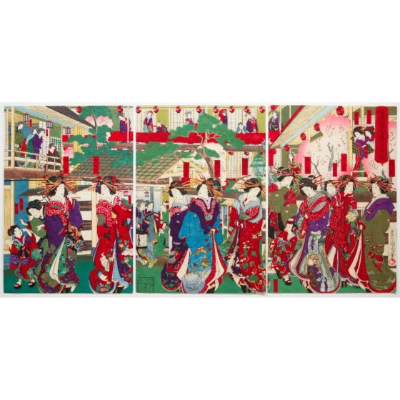 Kunichika Toyohara, Courtesans of the Matsuba House, Nezu, kimono design, beauty and female, ukiyoe, original japanese woodblock print, triptych, antique