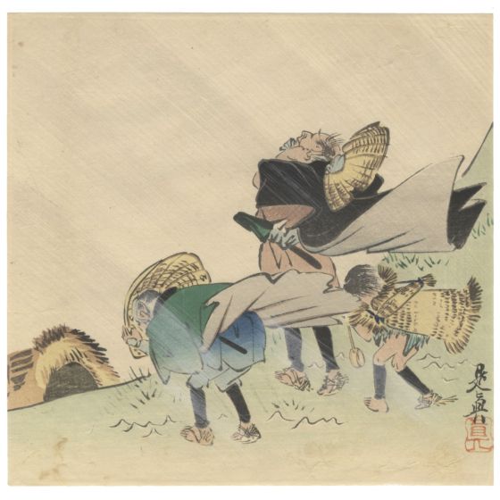 Zeshin Shibata, Three Travelers, Wind, Meiji, Ukiyoe, Landscape, Original Japanese woodblock print