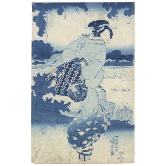 japanese woodblock print, japanese antique, blue pigment, kimono, kuniyoshi utagawa