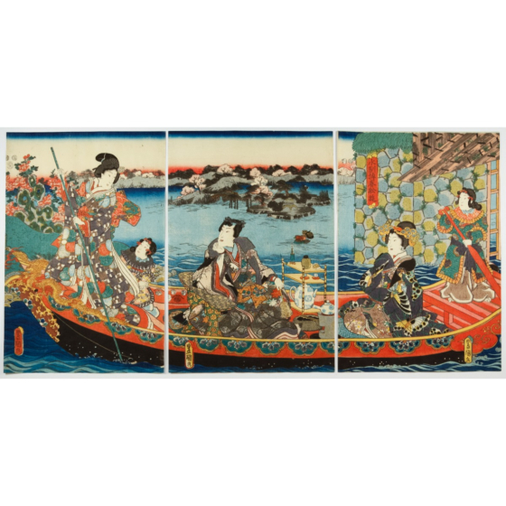 Toyokuni III Utagawa, Genji Enjoying Punting in Spring, japanese art, japanese antique, woodblock print, ukiyoe, landscape, beauty and female, male and female, prince genji