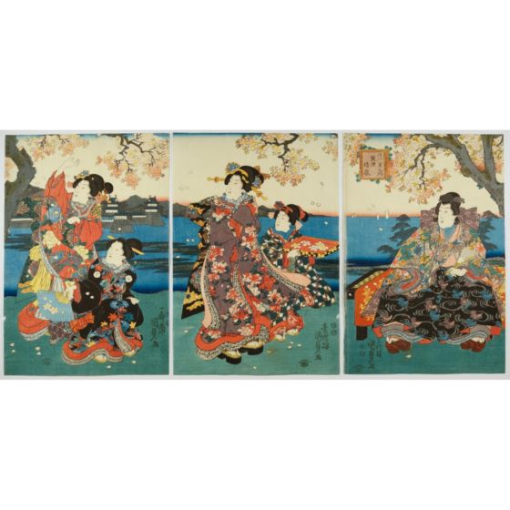 Kunisada II Utagawa, Clear Breeze at Awazu, japanese art, japanese antique, woodblock print, ukiyoe, landscape, beauty and female, male and female, prince genji
