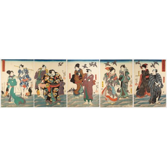 Kuniyoshi Utagawa, Imaginary Scene of Actors, Kinryuzan Gokaicho, kabuki, male and female, pentaptych, japanese art, japanese antique, woodblock print, ukiyo-e