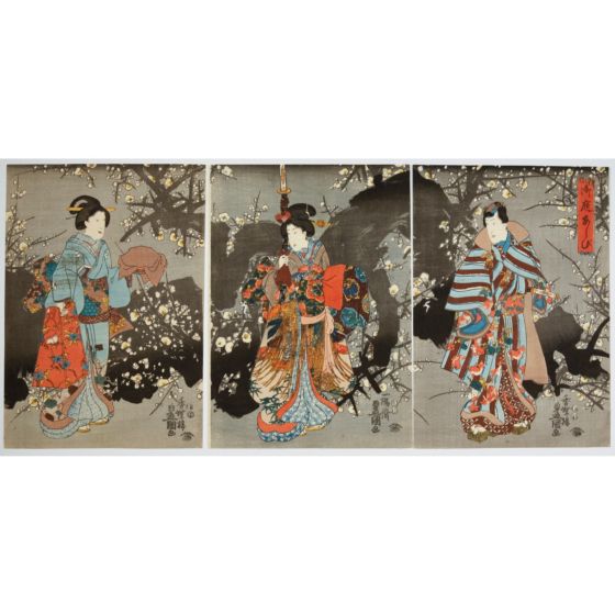 Toyokuni III Utagawa, Strolling in the Plum Garden, male and female, botanical, japanese art, japanese antique, woodblock print, ukiyo-e