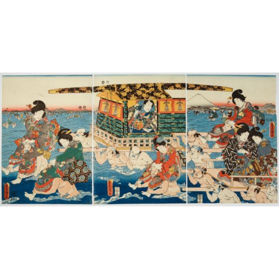 Toyokuni III Utagawa, Genji Fording the River Oi, prince genji,  japanese art, antique original japanese woodblock print, ukiyoe