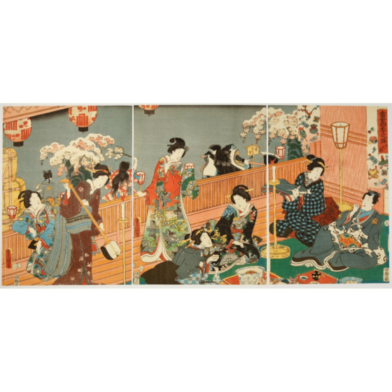 Toyokuni III Utagawa, Poems of the Season, Winter, prince genji, ukiyoe, japanese woodblock print, japanese art, antique, kimono, male and female