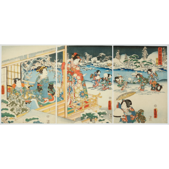 Toyokuni III Utagawa, Hour of Snake, japanese art, japanese antique, woodblock print, ukiyoe, landscape, beauty and female, male and female, prince genji