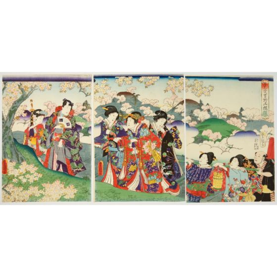 Toyokuni III Utagawa, Genji Cherry Blossom Viewing  at Mount Yoshino, prince genji, male and female, landscape, triptych, japanese antique, original japanese woodblock print, ukiyoe