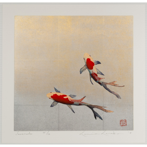japanese art, japanese antique, woodblock print, ukiyo-e, kunio kaneko, contemporary art, Serenade, japanese goldfish