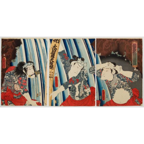 japanese art, japanese antique, woodblock print, ukiyo-e, actor, waterfall, oyama sekison, Toyokuni III Utagawa, Kunisada I