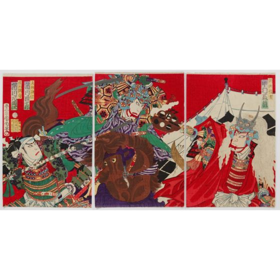japanese art, japanese antique, woodblock print, ukiyo-e, Kunichika Toyohara, Kabuki Play 'Kawanakajima Azuma Nishiki-e' 