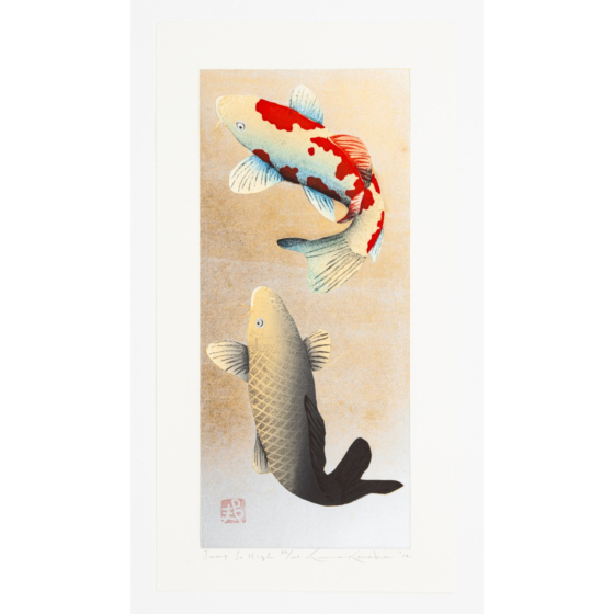 japanese woodblock print, contemporary japanese art, koi fish, koi carp, kunio kaneko, gold leaf