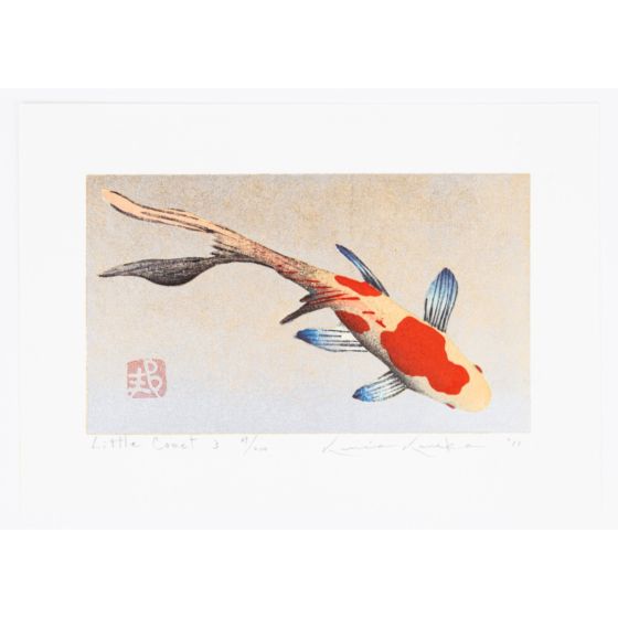 japanese woodblock print, japanese contemporary art, koi fish, gold leaf, kunio kaneko