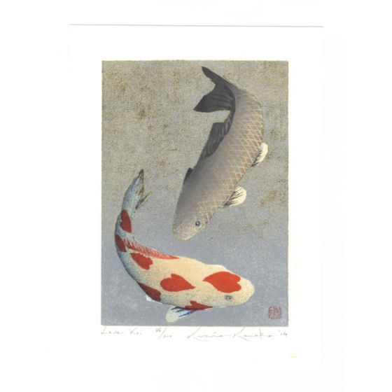 kunio kaneko, love koi, contemporary japanese art, original japanese woodblock print, ukiyoe, animals.