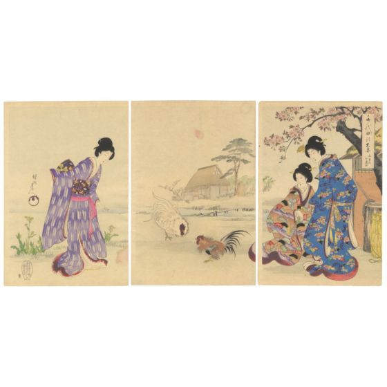 chikanobu, kimono, rooster, teahouse, japanese woodblock print, ukiyo-e