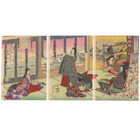 chikanobu, poetry reading, heian court, kimono design, japanese woodblock print