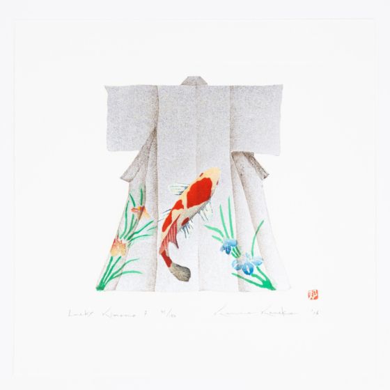 japanese woodblock print, contemporary japanese art, silver pigment, koi carp, kimono fashion, kunio kaneko 