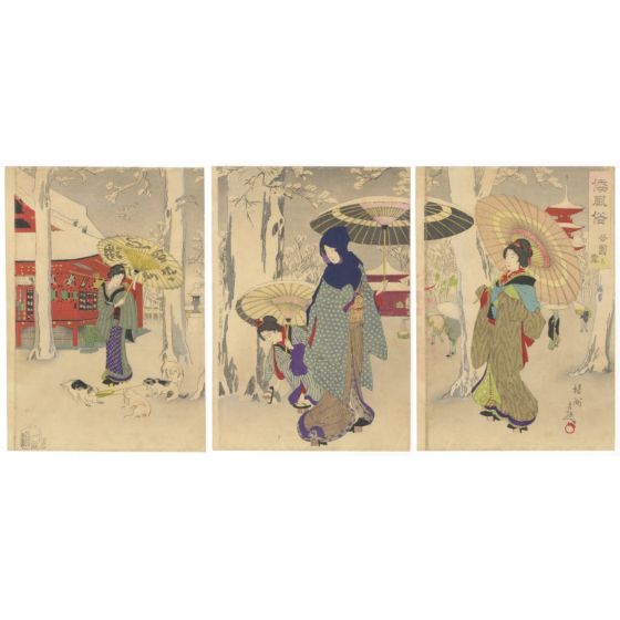 chikanobu, kimono design, japanese temple, japanese woodblock print