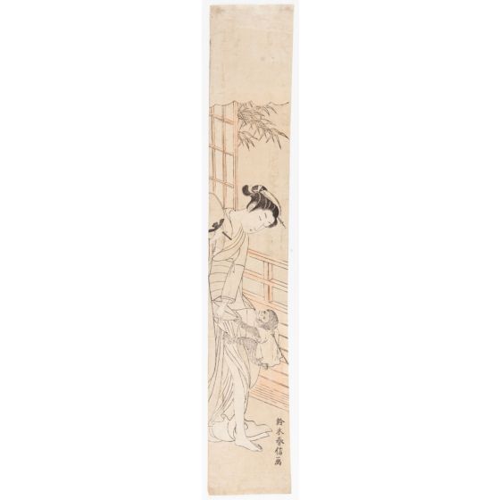 Harunobu Suzuki, Hashira-e, japanese woodblock print, pet monkey, japanese antique, bamboo