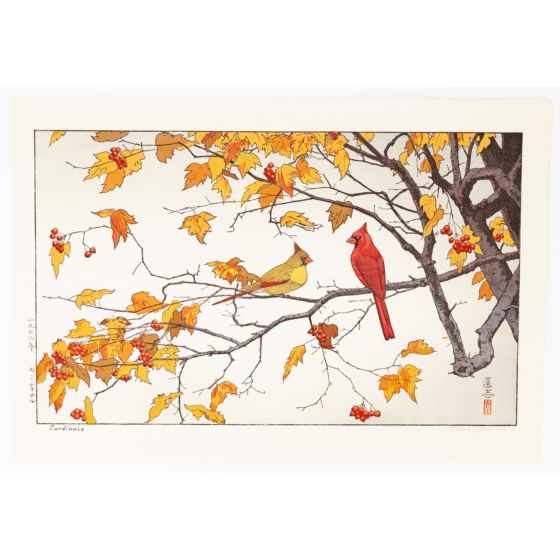 toshi yoshida, cardinals, bird, japanese woodblock print
