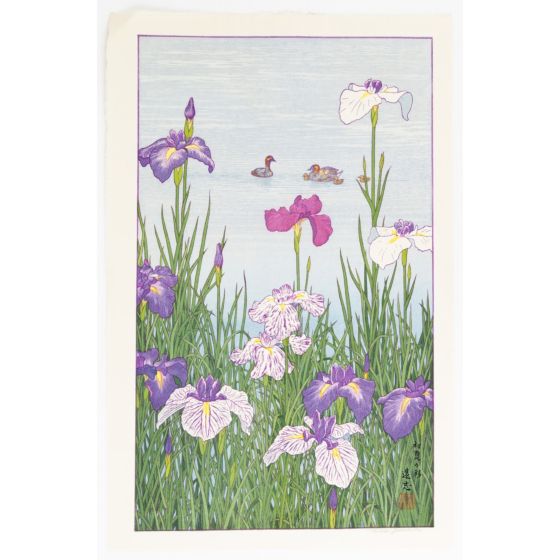 toshi yoshida, irises, duck, burd, japanese woodblock print, modern print