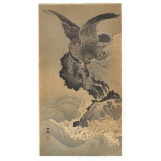 Koson Ohara, Eagle on a Rocky Shore, Japanese woodblock print, japanese antique, bird