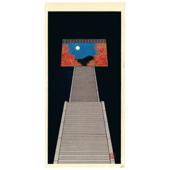 Teruhide Kato, Stairway to Autumn Moon, Fall, Night, Contemporary Art, Travel, Original Japanese woodblock print