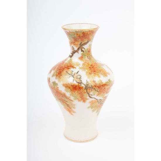 Yabu Meizan, Satsuma Vase with Bird and Maple Motif, Animal, Nature, Autumn, Fall, Ceramics, Original Japanese antique