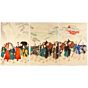 Feudal Procession at Ueno-Onari, Chikanobu Yoshu, polyptych, male, samurai, landscape, japanese art, japanese antique, woodblock print, ukiyo-e